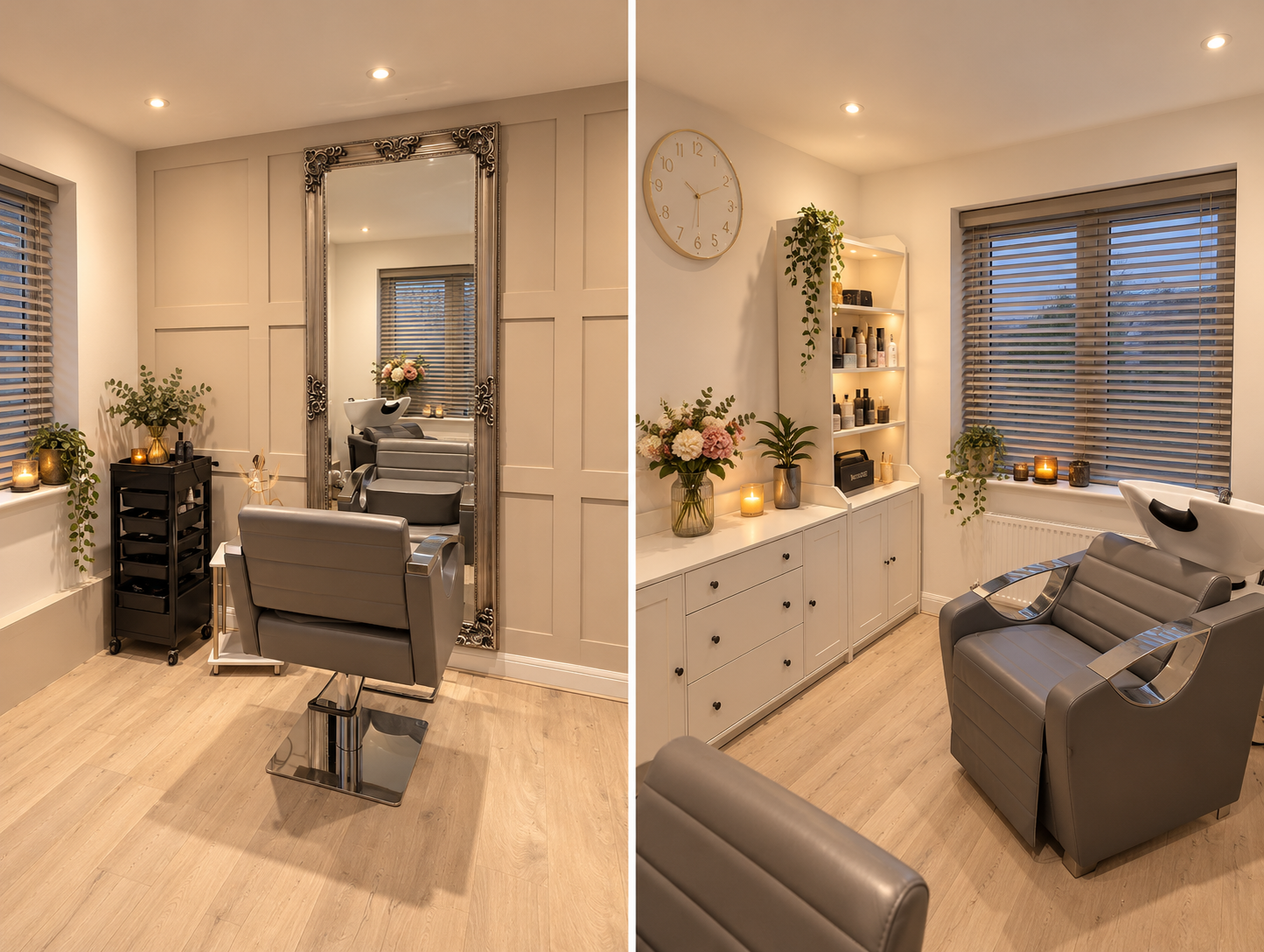 Warmly styled view of the private salon showing the styling station and wash area; digitally enhanced from original studio photographs